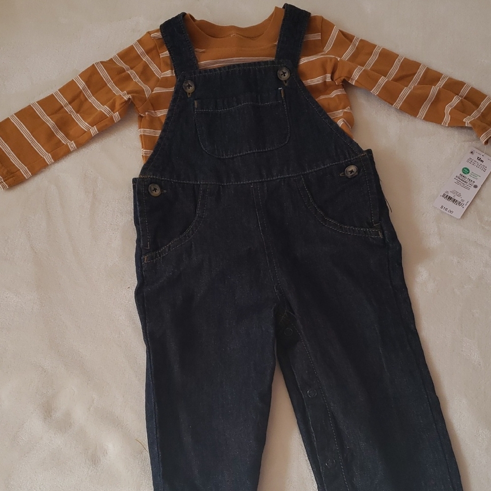 Carter's Dark Denim Overalls with Mustard Striped Shirt